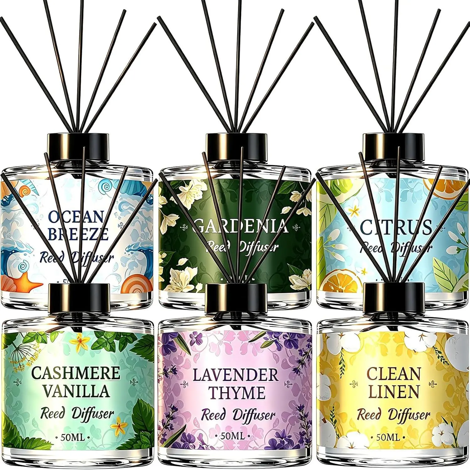 6 Pack Reed Diffuser Sets, Essential Oil Reed Diffusers for Home with 30 Sticks, Long Lasting Scent, Gift Ready Fragrance Diffuser for Bedroom, Bathroom, Office, Home Decor (1.69oz Each)