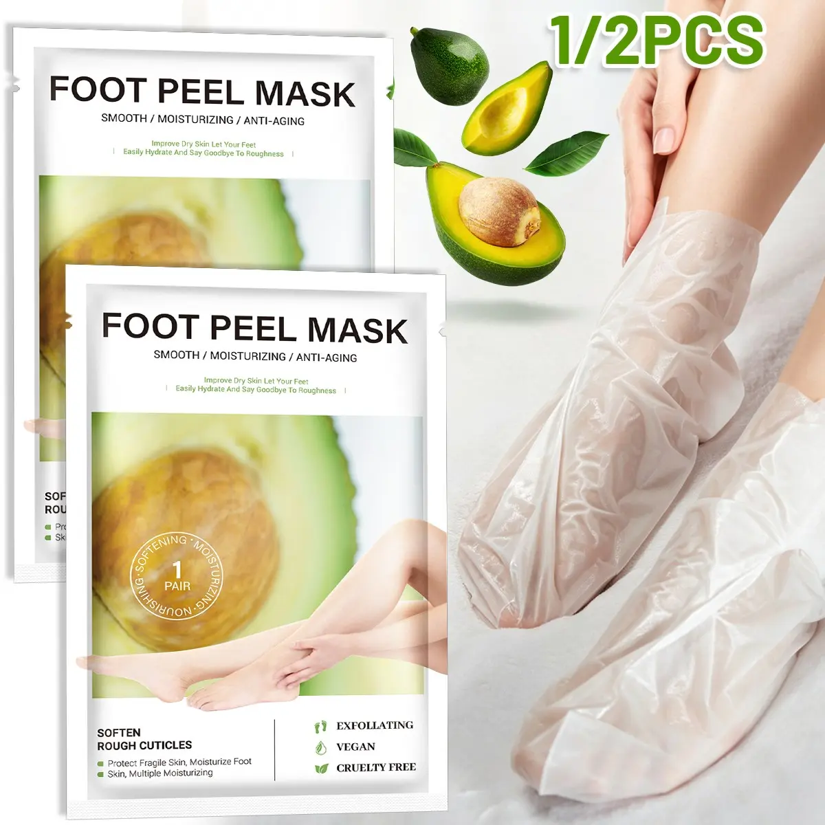 Foot Peeling Mask, Foot Peel, Foot Mask ， Removes Calluses, Cracked Heels & Dead Skin, Avocado-Rich Formula，Deep Hydration ， 1/2 Pairs Foot Dead Skin Remover Mask, Unisex, At-Home Pedicure Essential
