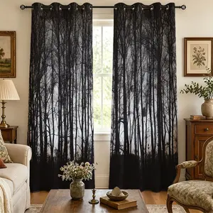 2panels Dark Forest Tree Silhouette Window Blackout Curtains, Natural Landscape Print, Contemporary Style, 72 Inch Width, Ideal for Living Room & Bedroom Decor