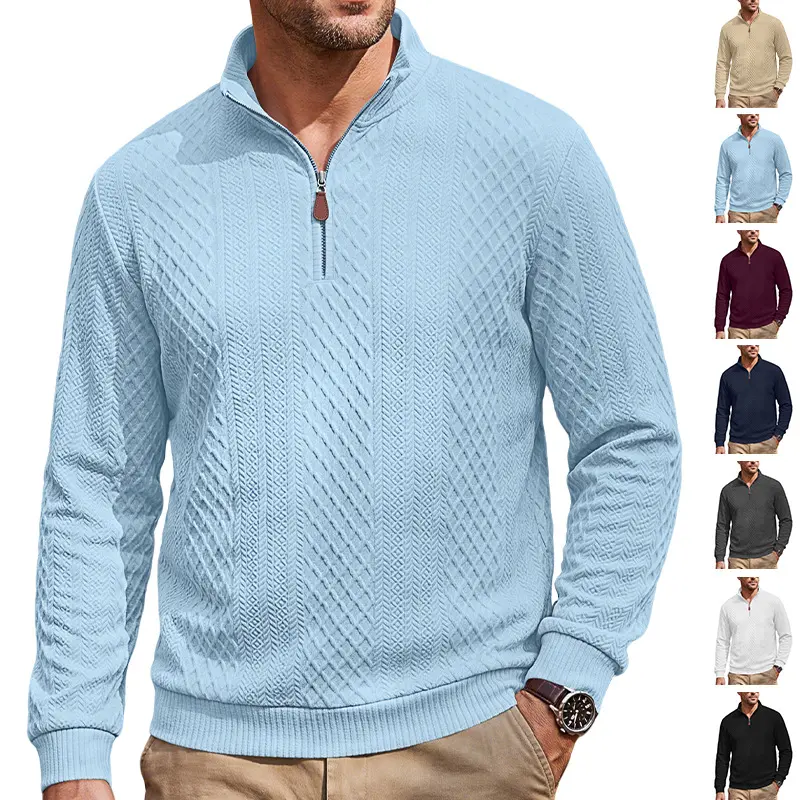 Men's Solid Light Blue Textured Knit Sweater, Half Zip Neck, Rhombus Embossed Design, Ribbed Cuffs And Hem, Soft Warm Fabric Pullover For Business, Campus And Daily Casual Outfits