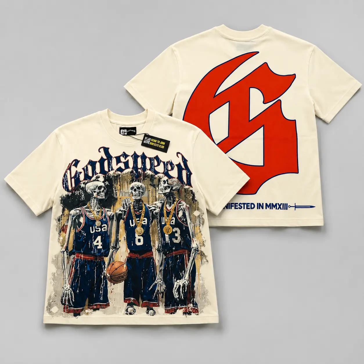 GODSPEED Dream Team Graphic T-Shirt Men Women Vintage Washed Oversized Tee 100% Cotton Short Sleeve Streetwear Top Basketball Skull Print Y2K Hip Hop Casual Shirt