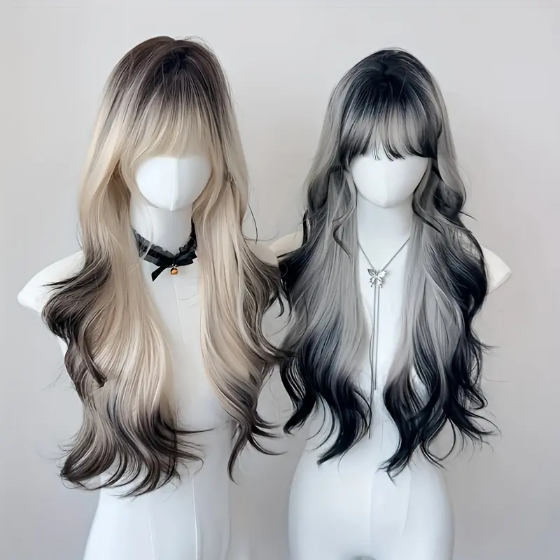 Women's 26-Inch Y2K Gradient Synthetic Full Machine Wig with Bangs - Full Head Volume Wavy Curls, Ombre Color - European & American Style for Parties, Daily Wear
