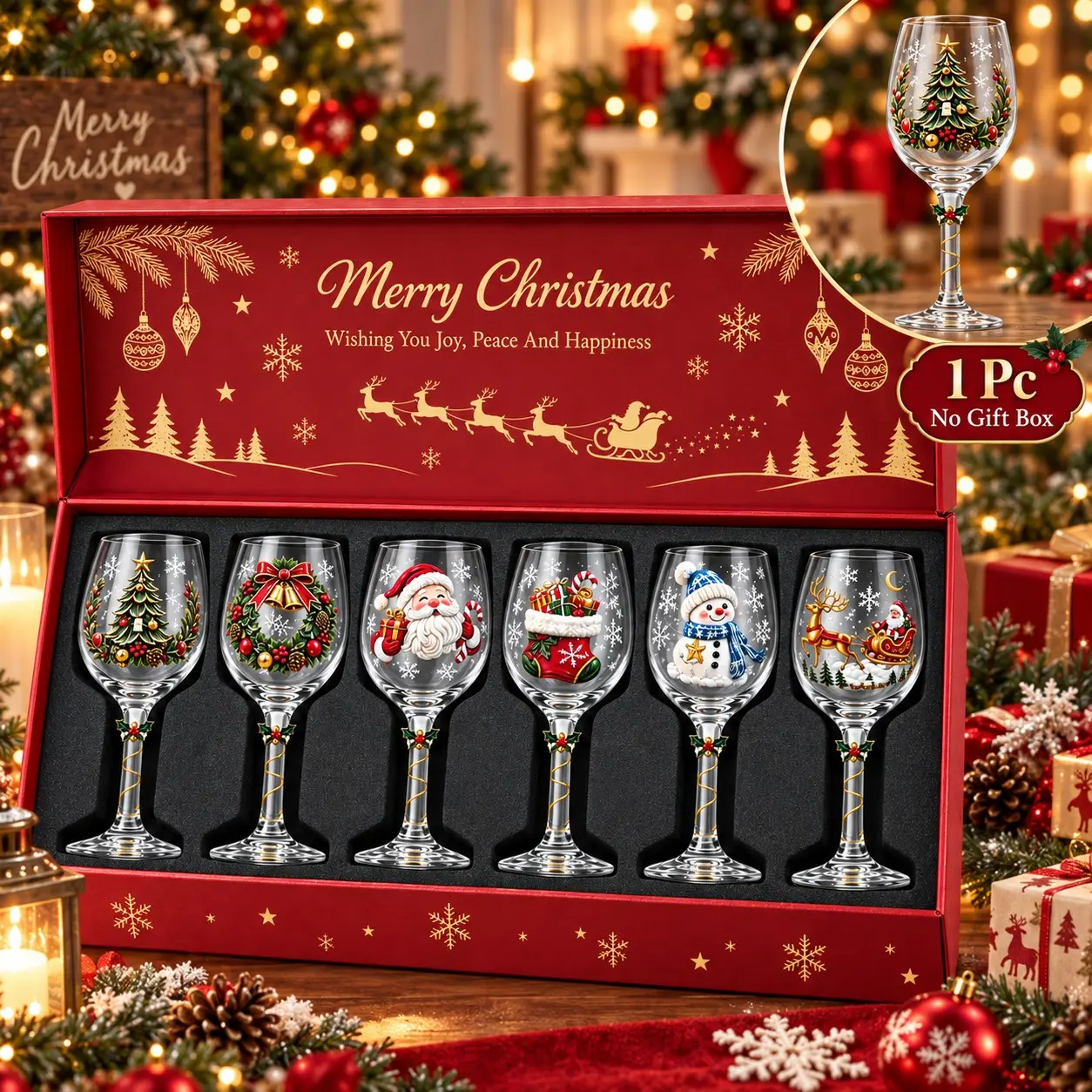 6-Piece Christmas Glass Art Cup Set with Gift Box, Durable Glass Cup, Luxury Festive Holiday Glassware, Elegant Drinking Glasses for Christmas Party, Home Decor & Gift Giving, Black Friday Holiday Gift