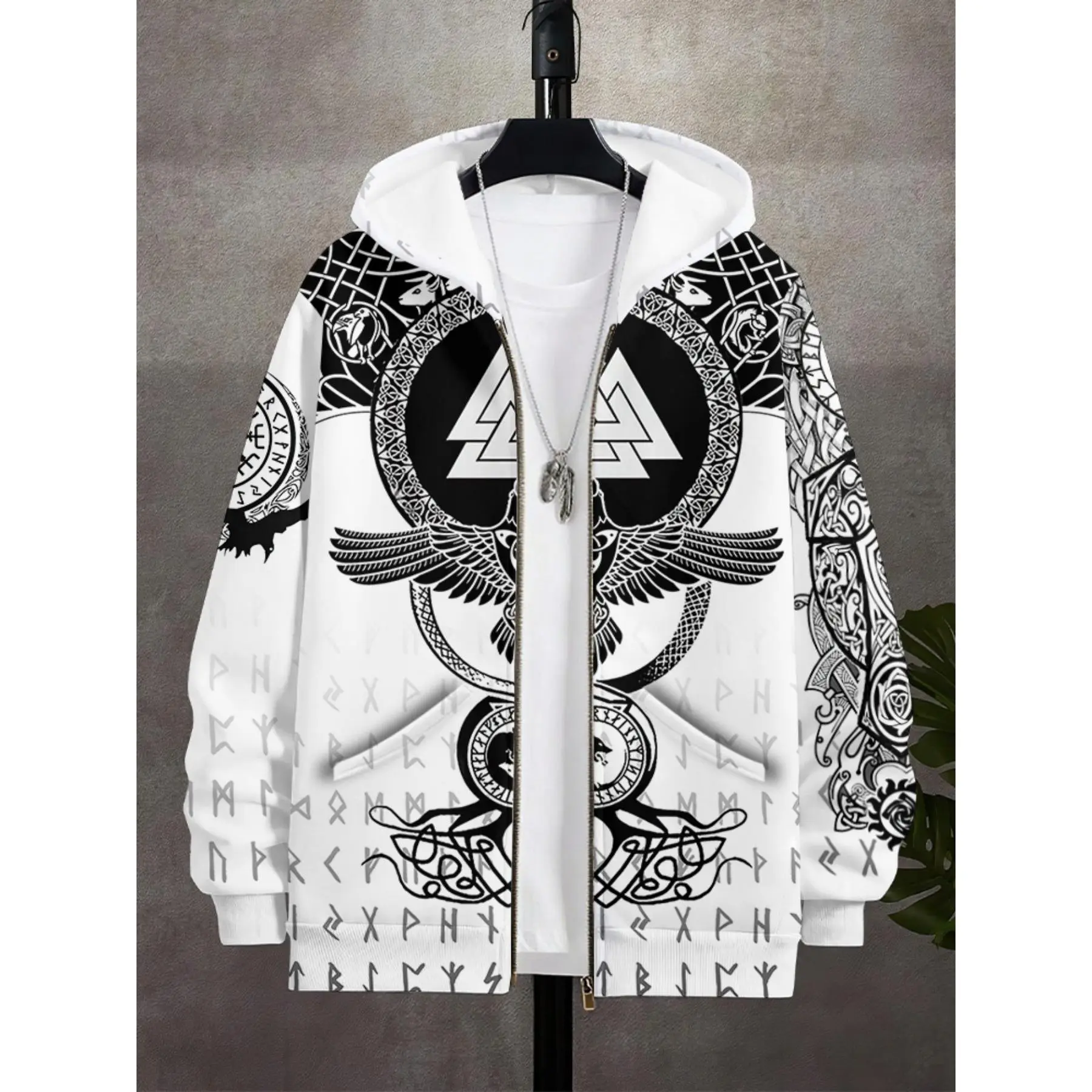 Plus Size Men's 3D Printed Viking Norse Mythology Zipper Hooded Jacket with Celtic Knot and Rune Print, Viking Ship and Norse Gods(Odin/Yggdrasil) Design- Full Zip Front, Loose Casual, Suitable for Adults, Brea