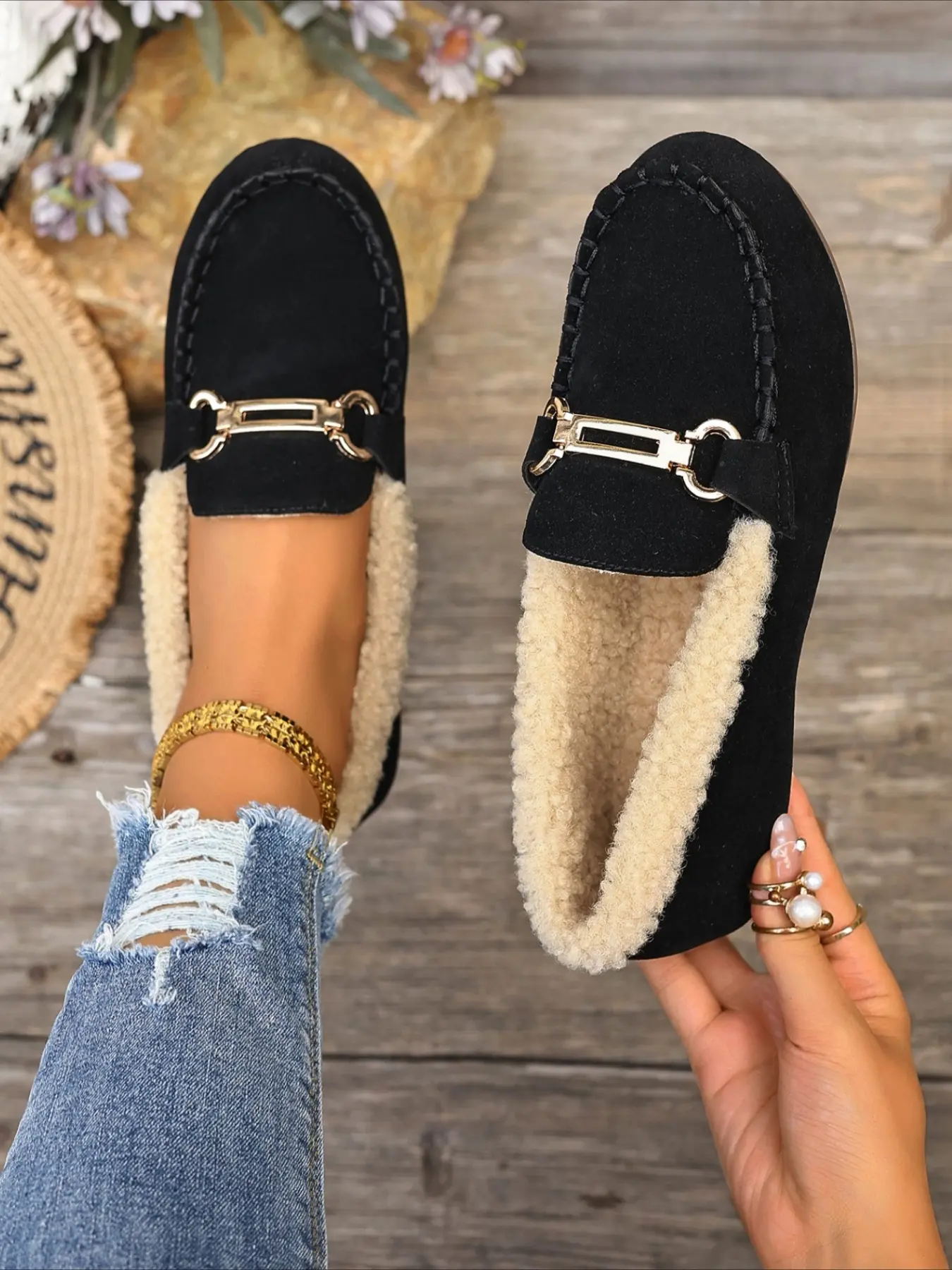 Fleece lined warm loafers with metal buckle round toe soft slip-on casual slip ons women shoes for autumn and winter daily wear