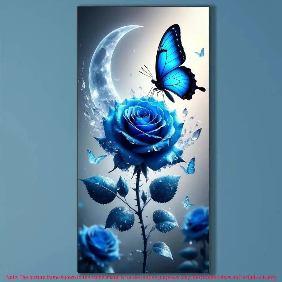 5D DIY Crafts Full Drill Round Diamond Painting - Diamond Pattern Design Diamond Art Kit Blue Rose, Blue Butterfly, Moon. Mosaic, Canvas - DIY Home Decor, Wall Decoration, Perfect for Halloween, Christmas, Independence Day, Birthday and Anniversary Gifts.