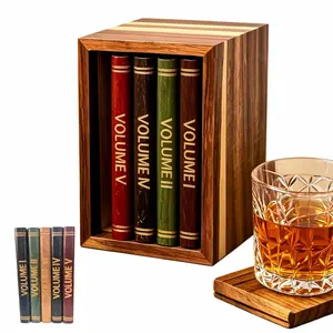 Book-Shaped Coasters Set of 5, 100% Teak Wood, Includes Wooden Base, Perfect for Coffee, Tea, Cocktails, Eye-Catching Desk Decor
