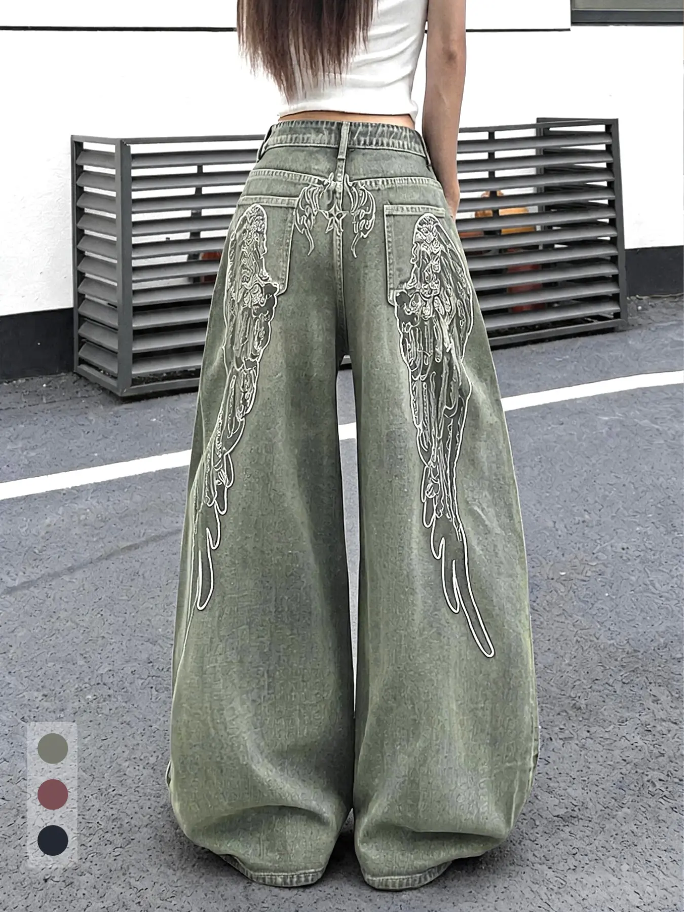 Women's High-Waisted Jeans with Angel Wing Embroidery, Loose-Fit Wide Leg Pants, Comfortable and Versatile, Available in Multiple Colors