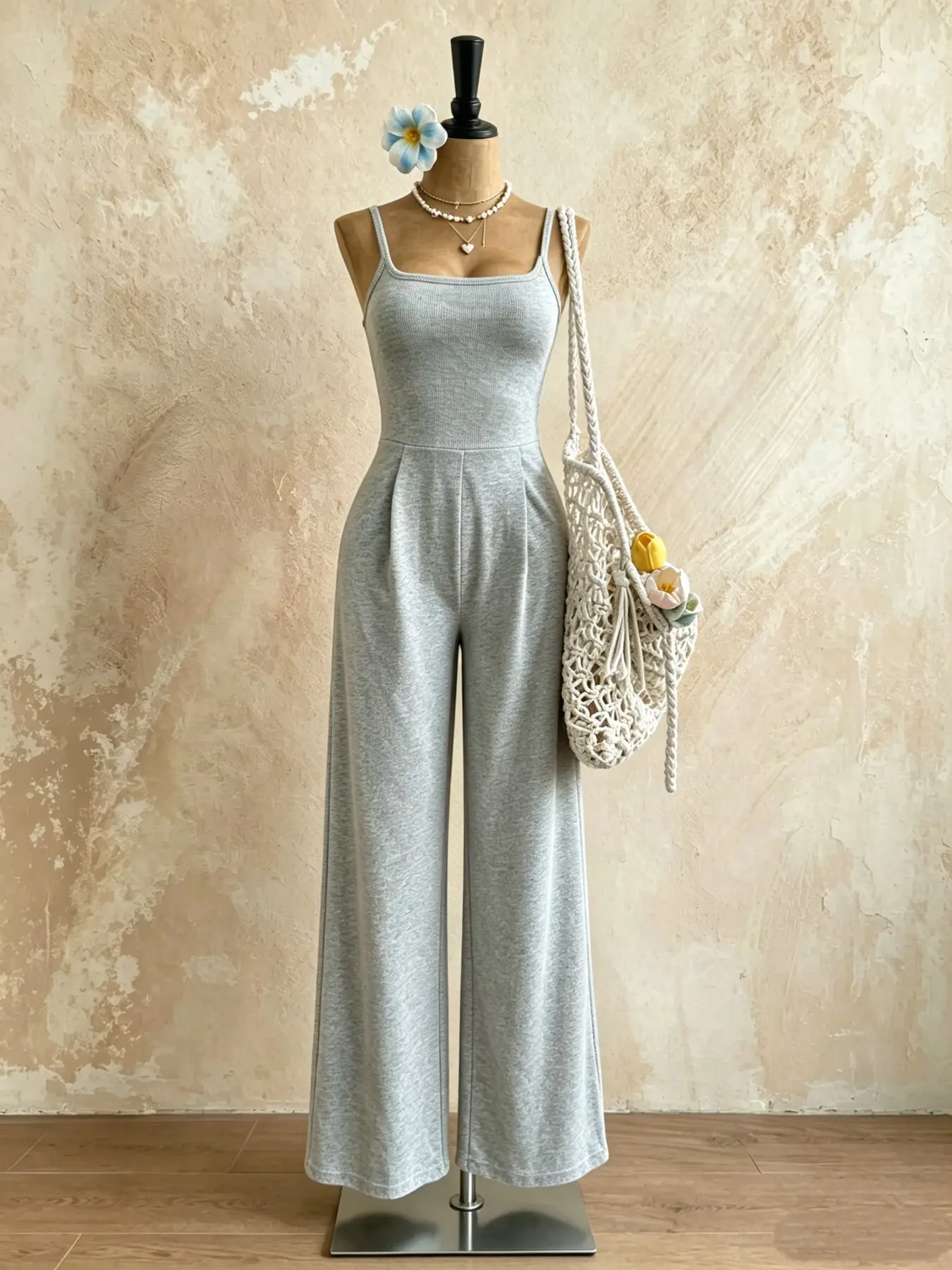Women's Thin Strap Romper, Square Neck Hollow Out Back, Wide Leg Pants, Casual High Waist Pleated Knit Jumpsuit, Sleeveless Long Pants