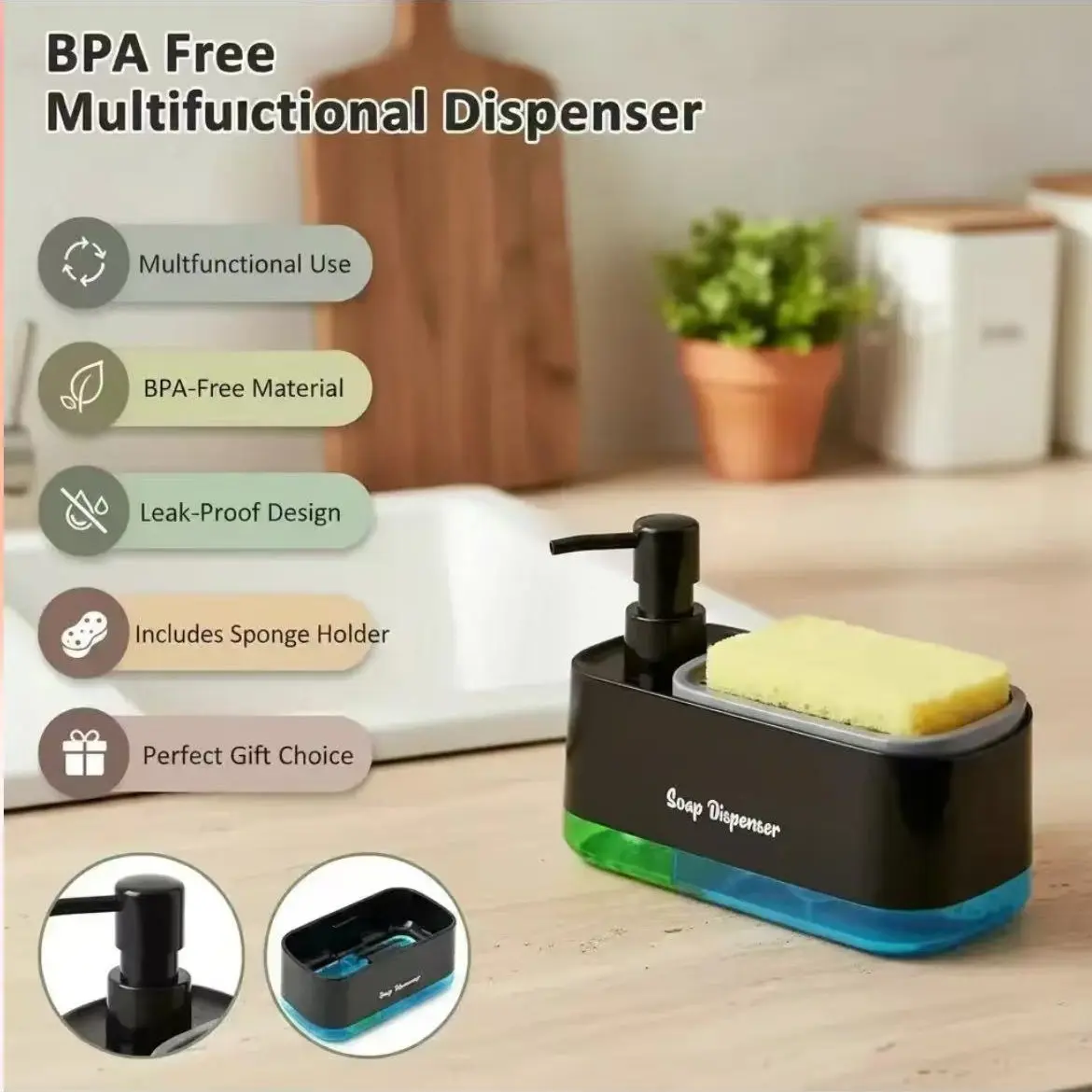 Multifunctional Dish Soap Dispenser Set with Sponge Holder, BPA-Free Plastic, Leak-Proof Design, Perfect Gift for Christmas/halloween