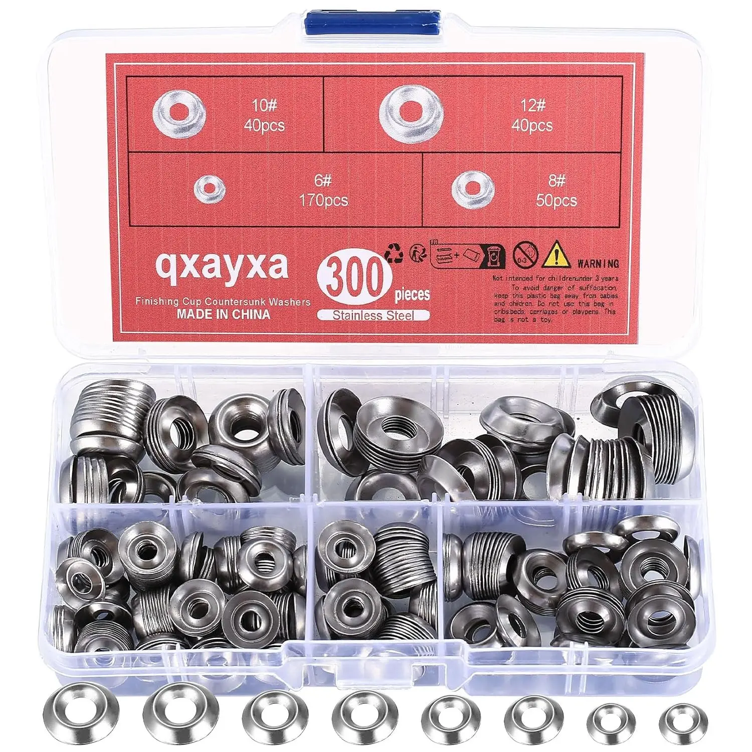 300 Pcs Finish Washers,Finishing Washers, Countersunk Washers, #6#8#10#12 Stainless Steel Cup Countersunk Finish Washers Set, Finishing Cup Countersunk Washer Assortment Kit