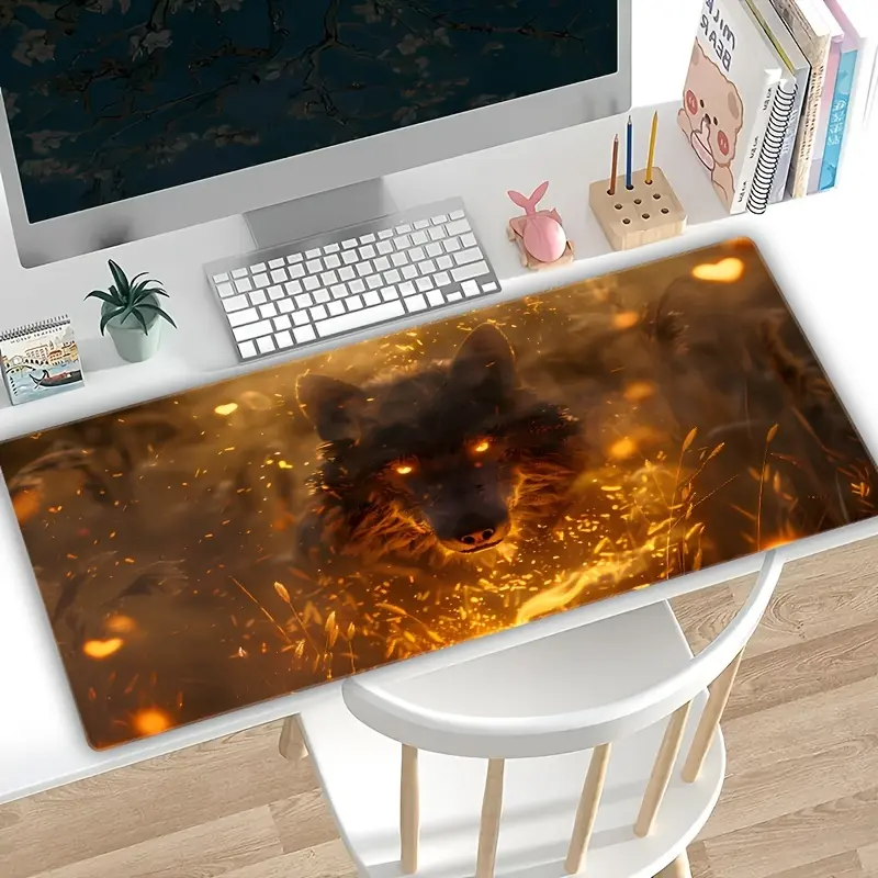 Seamless edges! Wolf-Themed Extra Large Gaming Mouse Pad Rubber Base,non-illuminated Vibrant Lava Design with Glowing Eyes & Sharp Teeth, Perfect for Keyboard and Desk Setup, Ideal Gift for Gamers