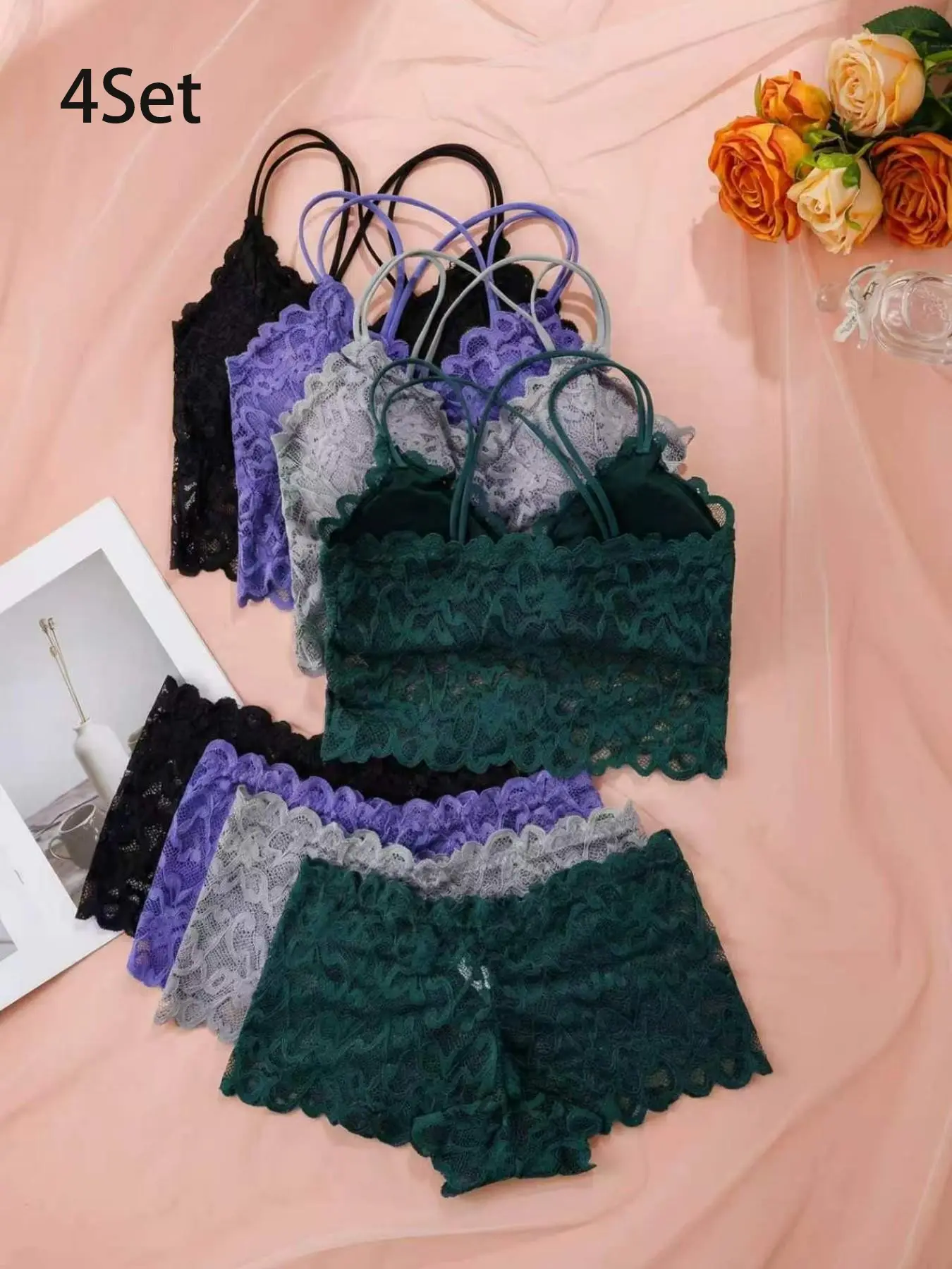 Sexy Feminine Elegance Aesthetic Lingerie for Women Underwear Eyelash Lace Mesh Matching Bra and Panty Sets Push Up Lace Bralette 2 Piece Lingerie Set  Sheer Floral Lace Pajamas Lingerie Set  Sleepwear Bra and Panty