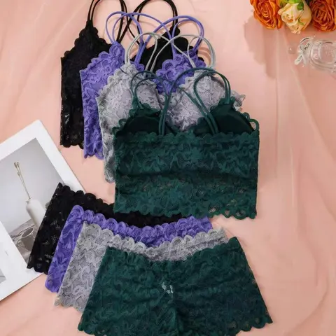 Women's Feminine Elegant Floral Lace Matching Lingerie Set, Aesthetic Semi-Sheer Push-Up Bra and Panty Set, Two-Piece Sleepwear