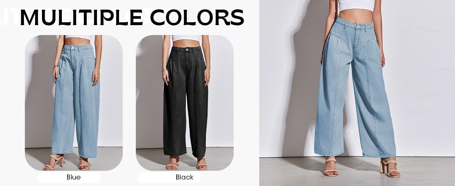 Imily Bela  Womens Baggy High Waisted Jeans Loose Boyfriend Wide Leg Side Pleated Denim Pants