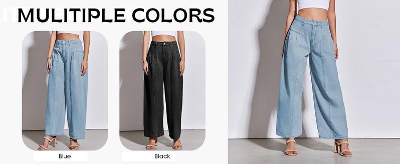 Imily Bela  Womens Baggy High Waisted Jeans Loose Boyfriend Wide Leg Side Pleated Denim Pants