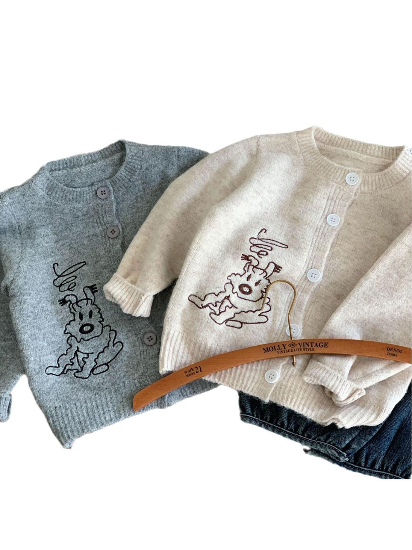 (New)Little Boys' Cozy Button- Sweater - Feature a Cute Stitched Puppy Detail, Soft Mid-Weight Knit for Fall and Winter, Perfect Easy-On Layer for Chilly Weather