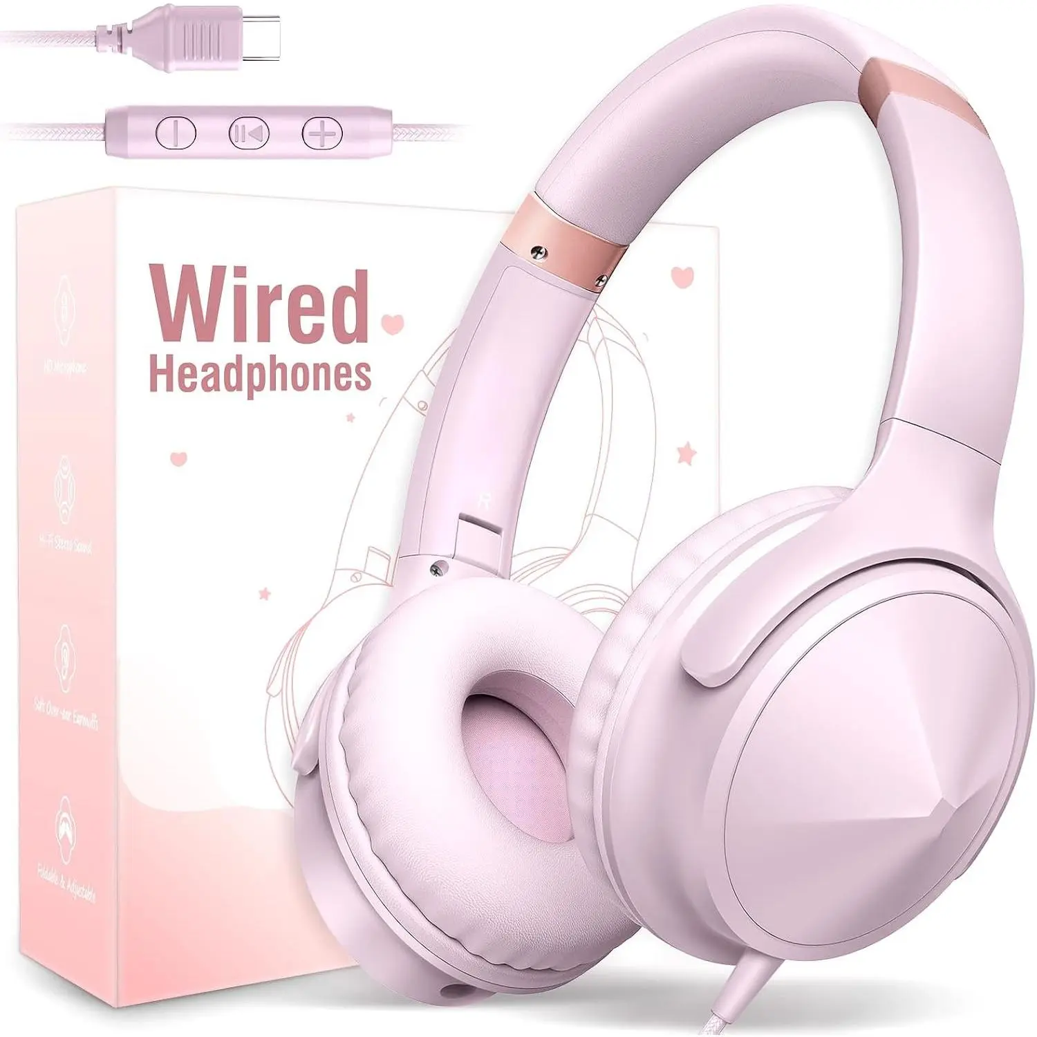 USB C Over Ear Headphones Wired, USB C Wired Headphones with Mic | Volume Control,  Stereo Sound, Foldable & Lightweight USB Type C Headphone for Teens/School/Tablet/iPhone15-17