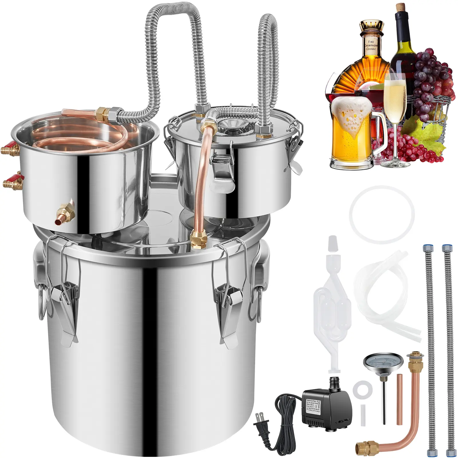 Alcohol Still, Double Thumper Keg Home Brewing Kit, Stainless Steel + Red Copper Construction, Sufficient Capacity, Versatile Application