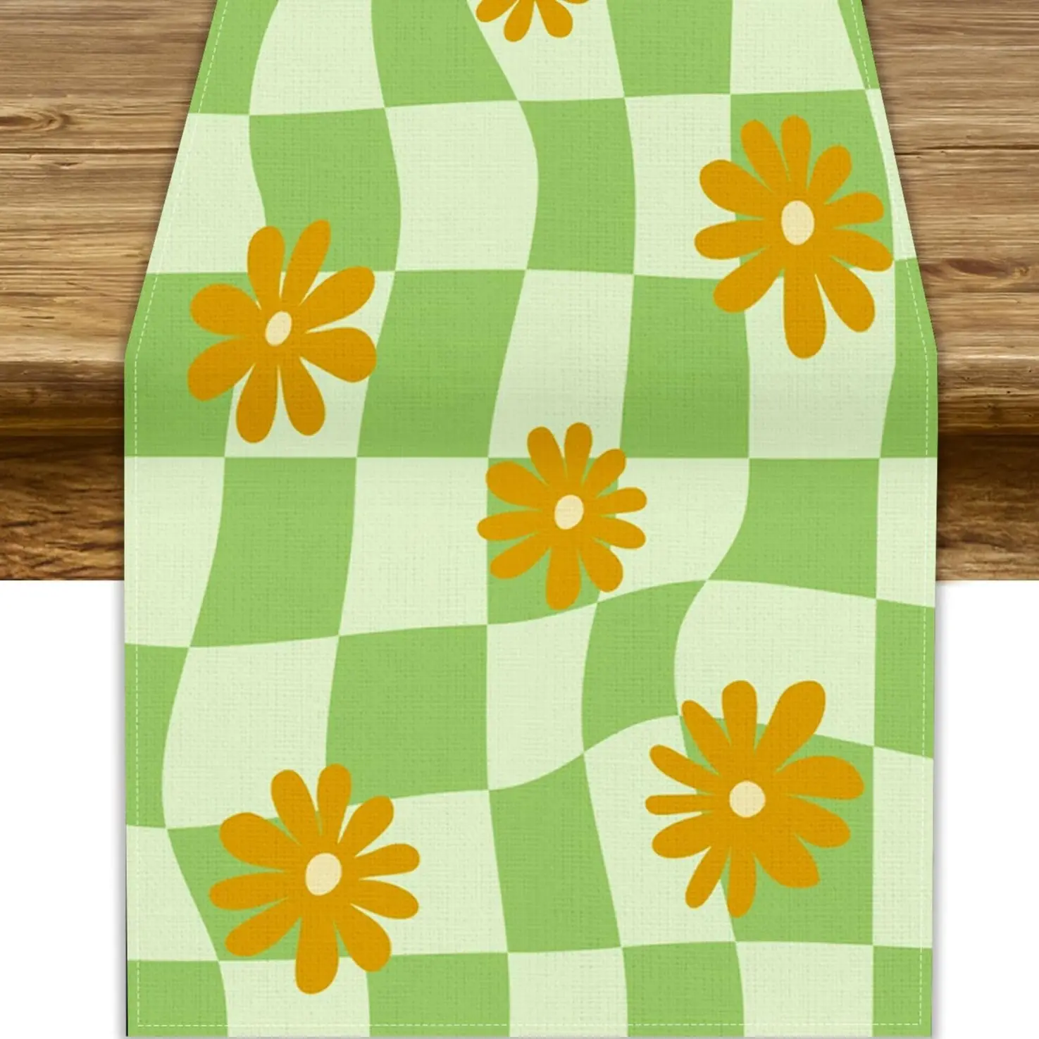 1pc, Wavy Plaid Groovy Table Runner, Retro 70s Abstract Checkerboard Geometric Green Yellow Floral Print Table Runner for Party Picnic Dining Room Kitchen, 13x72 Inch
