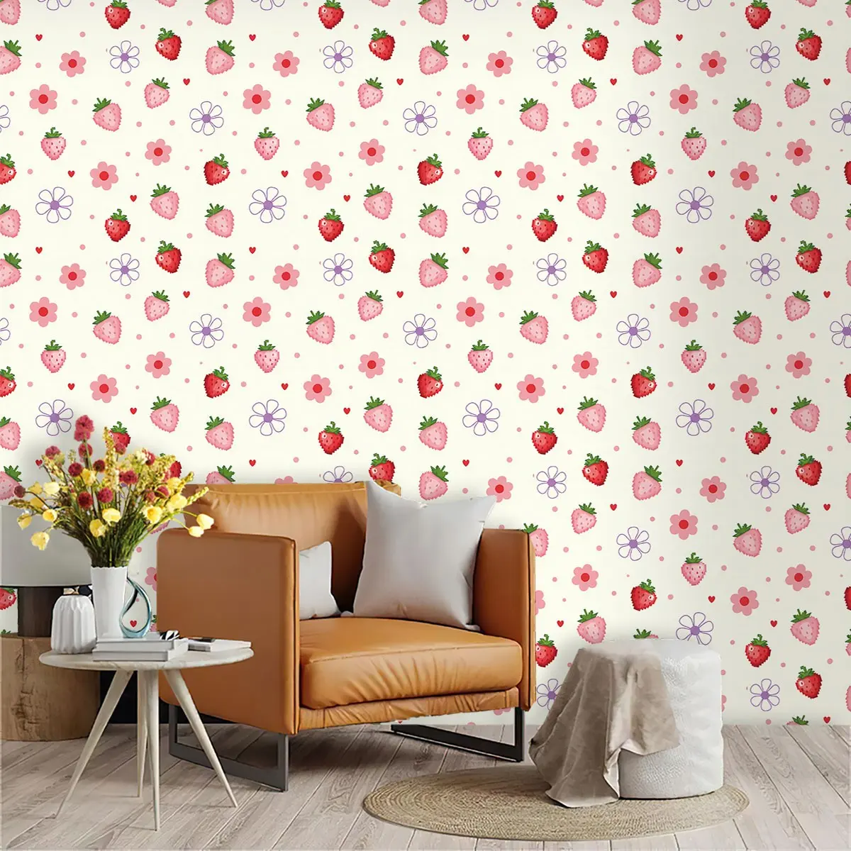 Strawberry Flower Cartoon Wallpaper, PVC Material, Mould-Proof, Easy Peel-And-Stick, Ideal for Living Room, Kitchen, Bedroom Decor