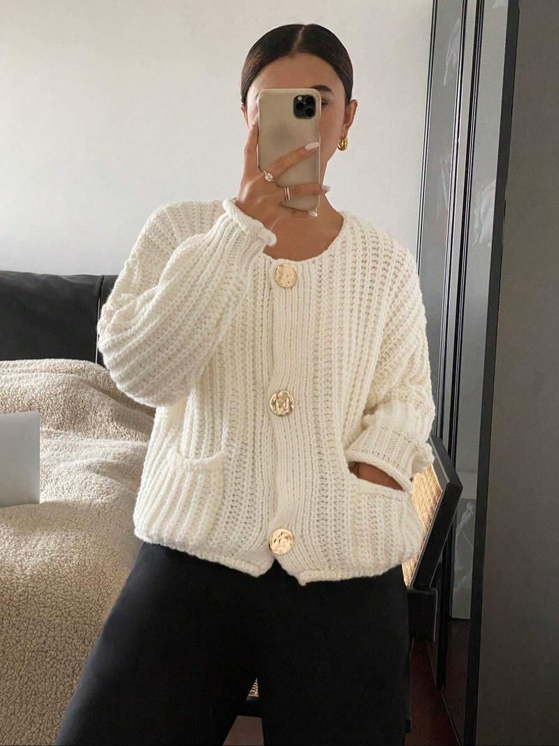 Women's Solid Color Cardigan, Casual Long Sleeve Button Front Knitwear for Fall & Winter, Fashion Women's Knit Clothing for Daily Wear, Tops, Basic Clothe