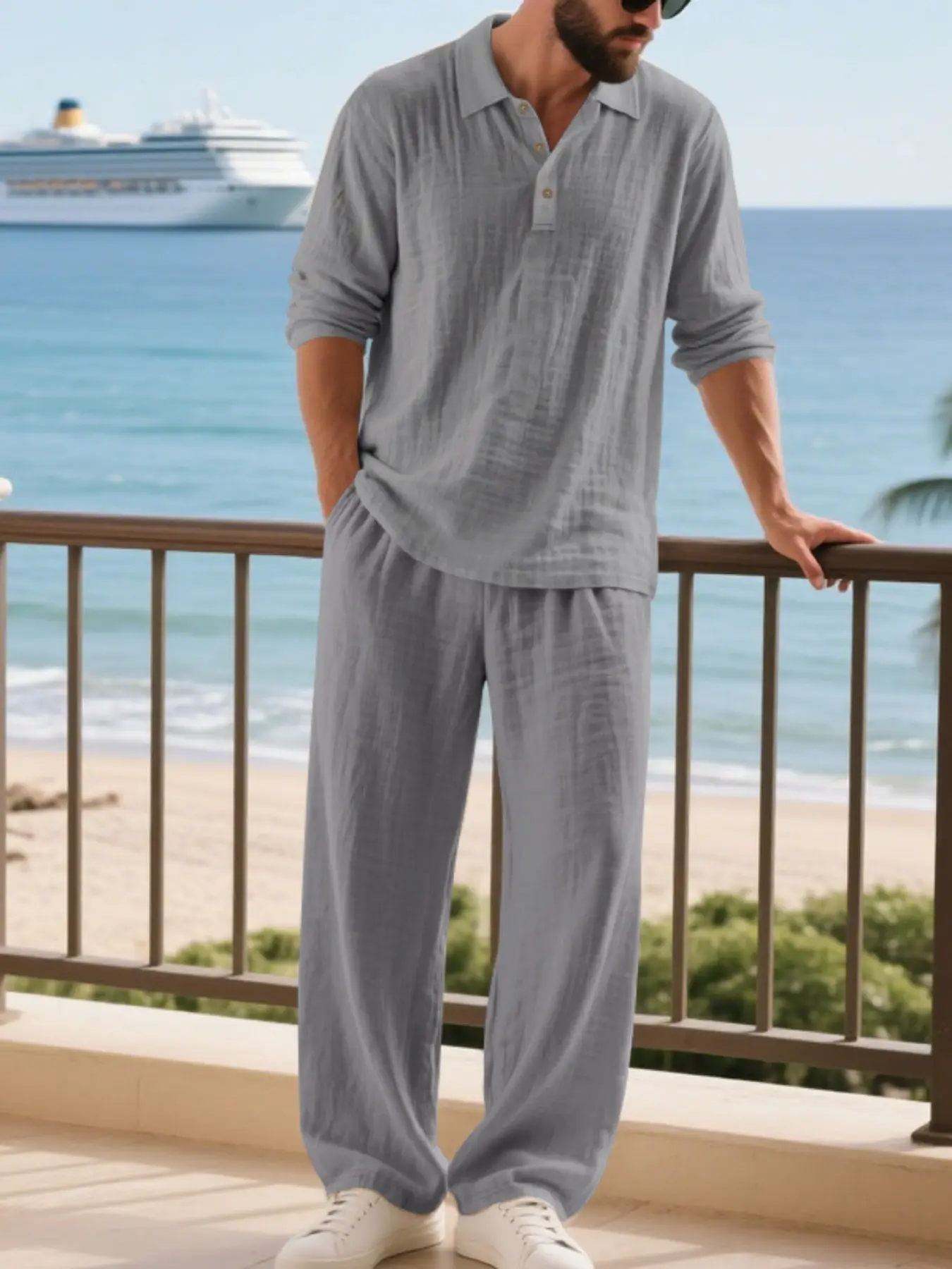 Men's Linen Four-Season Resort Style Set, Breathable V Neck Henley Long Sleeve + Versatile Loose Pants, Casual Vacation, Menswear