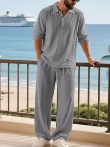 Men's Linen Four-Season Resort Style Set, Breathable V Neck Henley Long Sleeve + Versatile Loose Pants, Casual Vacation, Menswear