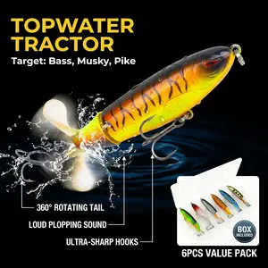 6PCS Topwater Plopper Fishing Lures Bass Set, Floating Propeller Rotating Tail Baits, Loud Plopping Sound Tractor Prop Baits with Tackle Box for Musky Pike