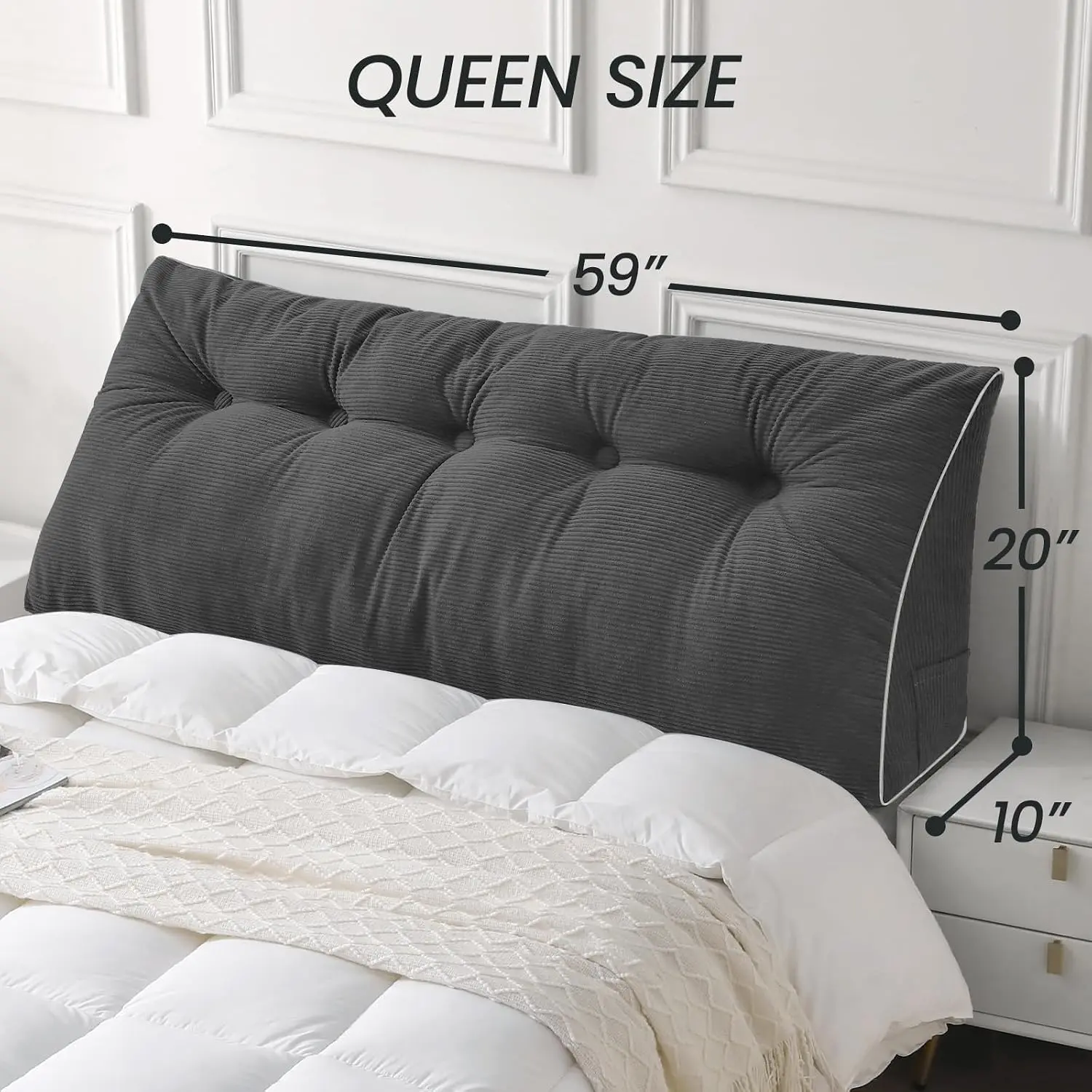 Sasttie Headboard Pillow Queen, Triangular Wedge Pillow Headboard, Wedge Headboard Pillow for Bed Sofa, Daybed Pillows for Sitting up, Reading or Working with Removable Cover, Dark Grey