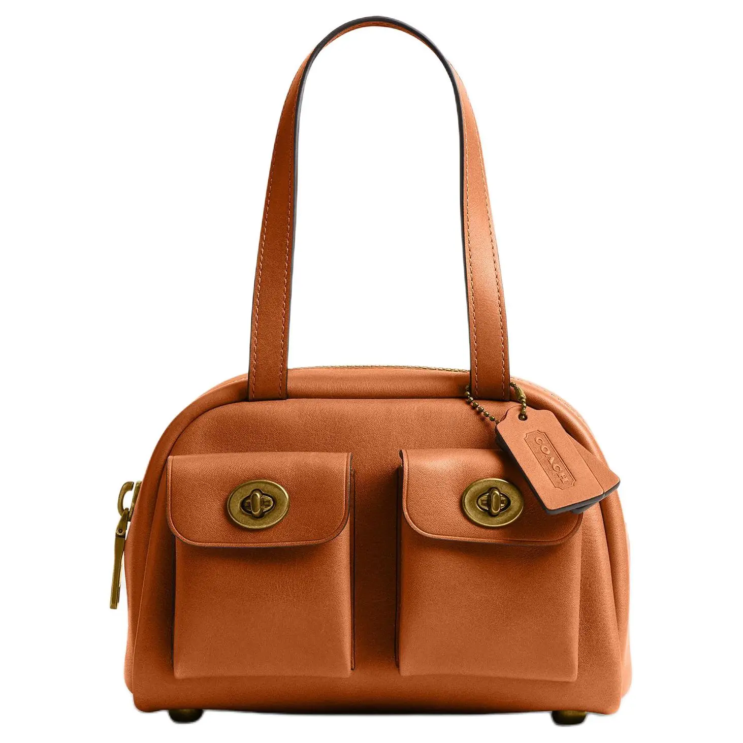 COACH Originals Twin Turnlock 20 Crossbody Bag for Women, Vintage Style, Caramel Leather