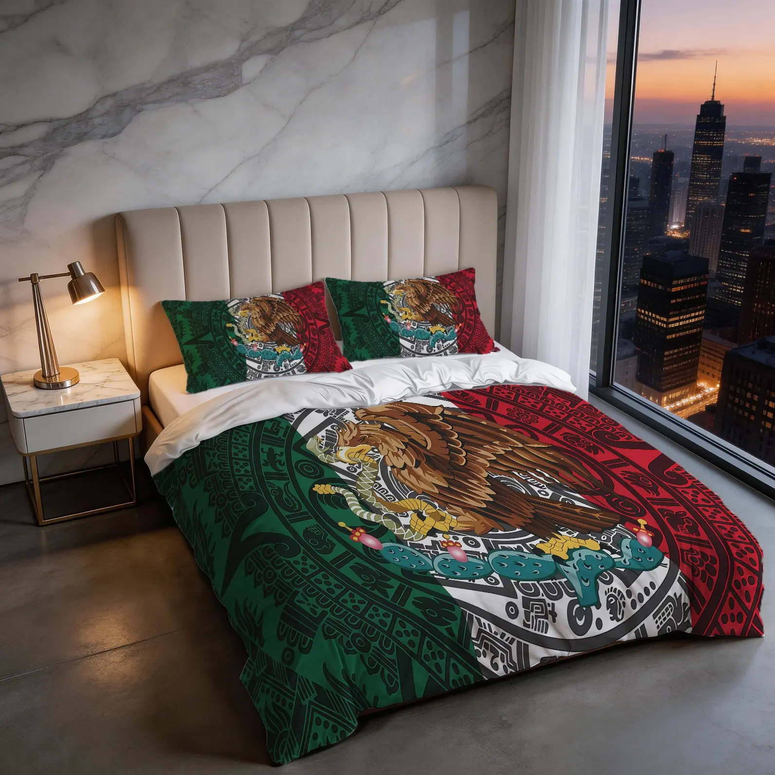 Mexican Flag Eagle Pattern Duvet Cover Set, Soft And Comfortable Bedding Set (1 Duvet Cover And 1 Or 2 Pillowcases, No Fillers), Suitable For Teenagers And Adults, Bedroom, Apartment, Dormitory Scene
