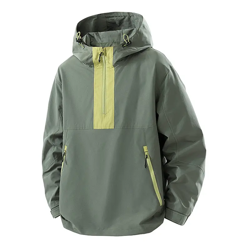 Men Half Zip Hooded Anorak Jacket, Color‑Block Half Zipper Design, Zipper Side Pockets, Drawstring Hood, Loose Fit Windproof Outerwear For Hiking Camping Daily Commute # sohochic