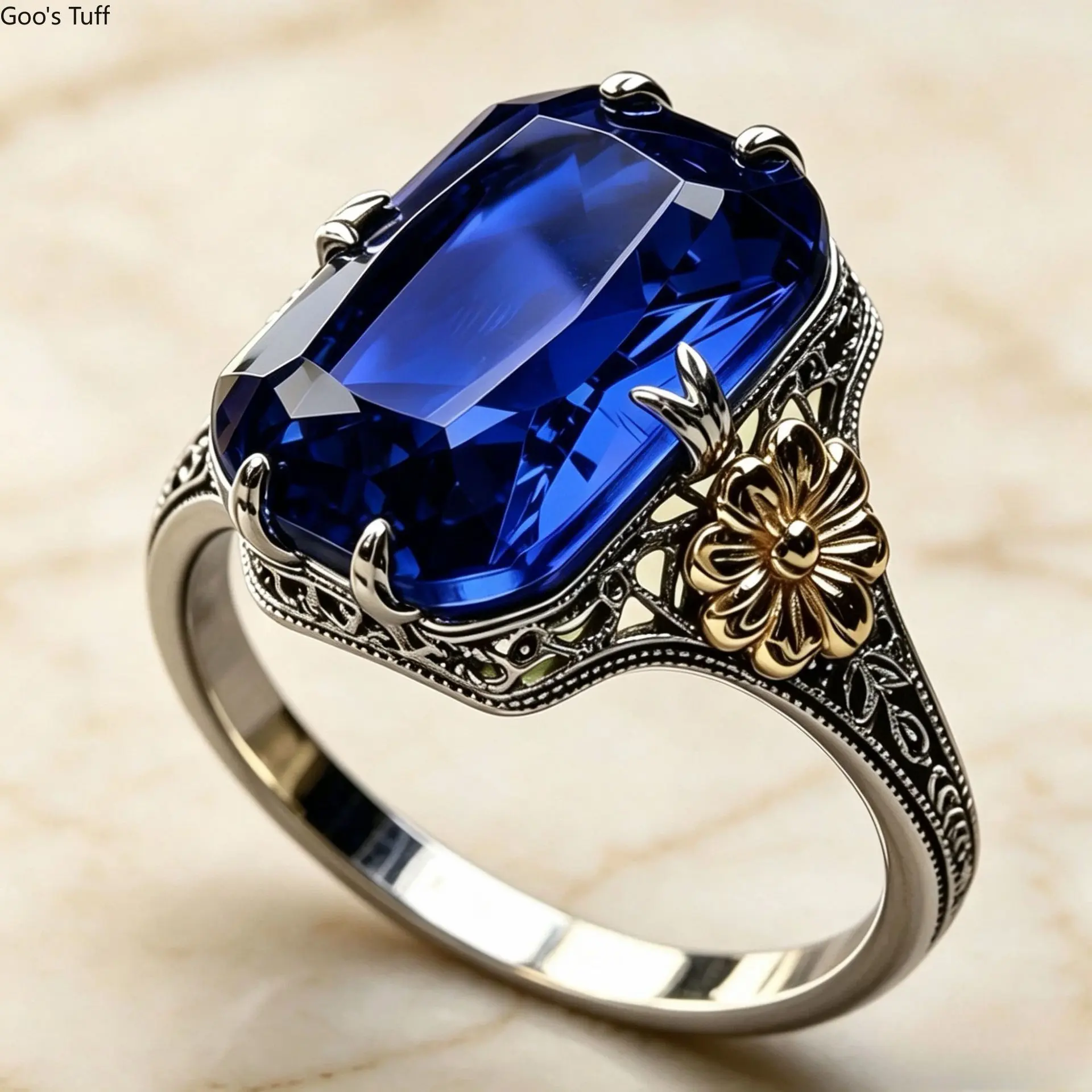 Women's 2-Tone Sunflower Flower Ring, European-American Style Costume Jewelry, Sapphire Blue Topaz-Look Finger Accessory