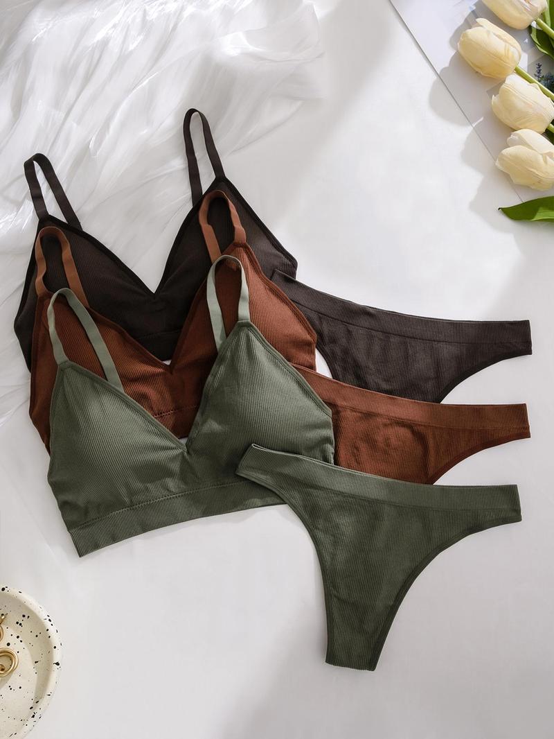 Plus Size Women's Solid Color Ribbed Underwear Set, Soft Comfy Breathable Adjustable Strap Buckleless Bra & Thong for Daily Wear, Underwear Set for Women,  Lingerie for Women