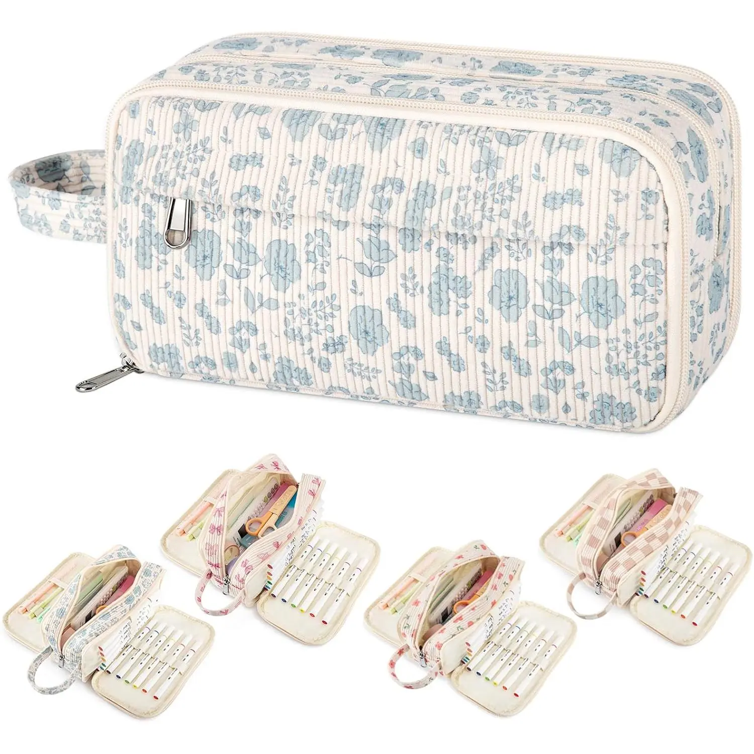 Cute Corduroy Pencil Case Pouch with Convenient Handle, 4 Compartments Multiple Pockets Markers Crayons Storage Organizer,Stylish Pen Case for Teen Girls College (Blue Flower)