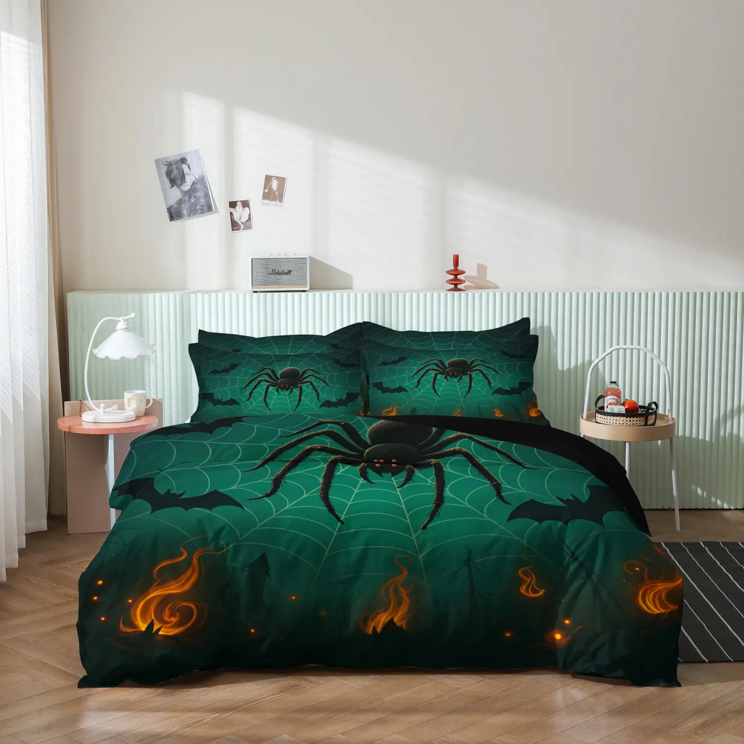 3 Pieces Dark Green Halloween Spider Web Print Duvet Cover Set, Giant Spider Bat Flame Dead Tree Horror Print Bedding, Soft Microfiber Gothic Spooky Bedroom Decor (1 Duvet Cover + 2 Pillowcases, No Comforter No Pillow)