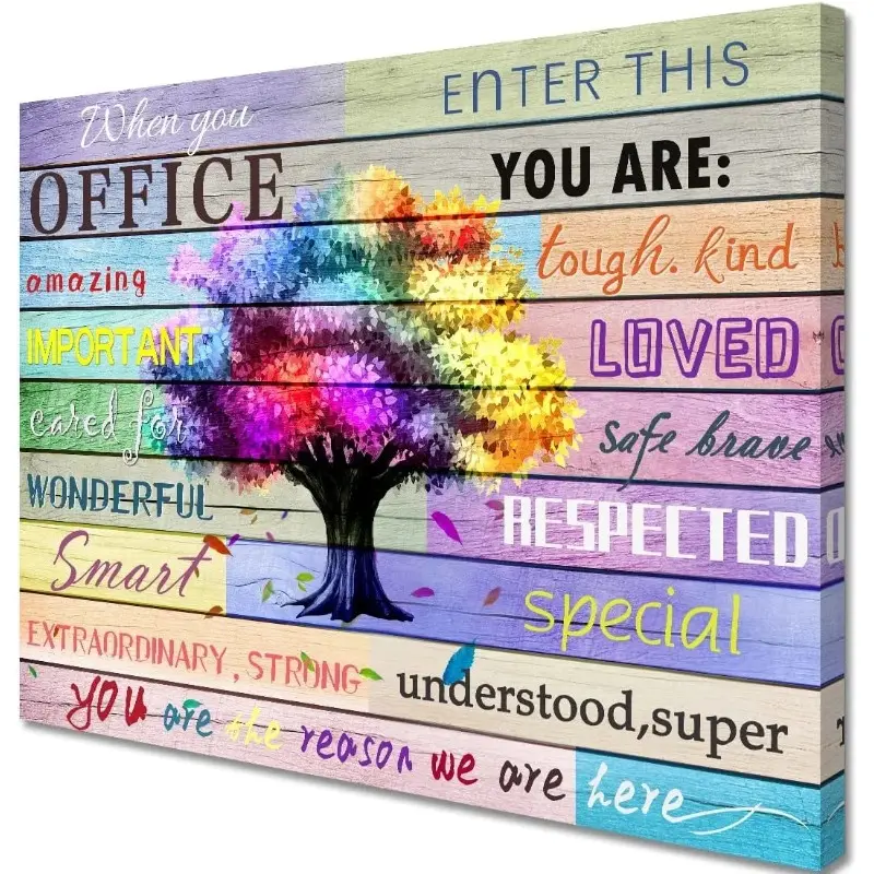 Inspirational Wall Art Office Motto Decor Quotes Colorful Tree Signs Pictures Wonderful Linen Painting Motivational Wall Decals for Home Office Room Decor Framed Canvas Prints 12x16 Inches