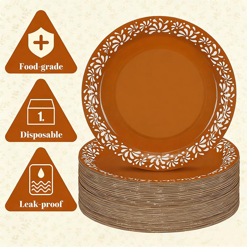 For Holiday Parties & Daily Use, Leak-proof Food Serving & Decoration Solution, 100 Brown Disposable Paper Plates, Mexican Floral Pattern, Food-grade Leak-proof Large Capacity, Effortlessly Create Characteristic Holiday Table, Party Table Decor Supplies