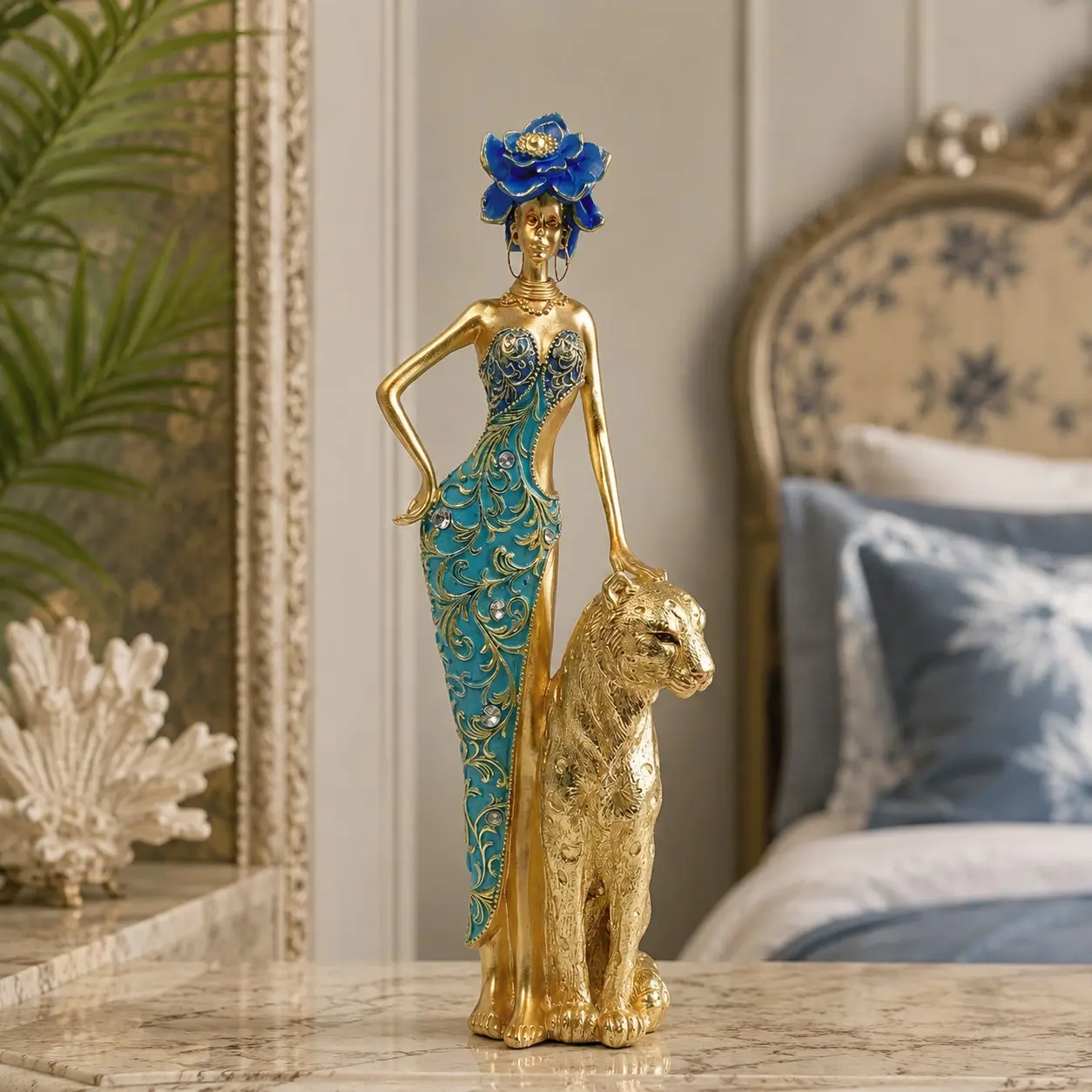 Elegant Resin Sculpture of Lady with Gold Leopard, Blue Dress Home Decor, Living Room Entrance Table Ornament, Luxury Craftsmanship, Statues, Home Decoration, Living Room Ornaments