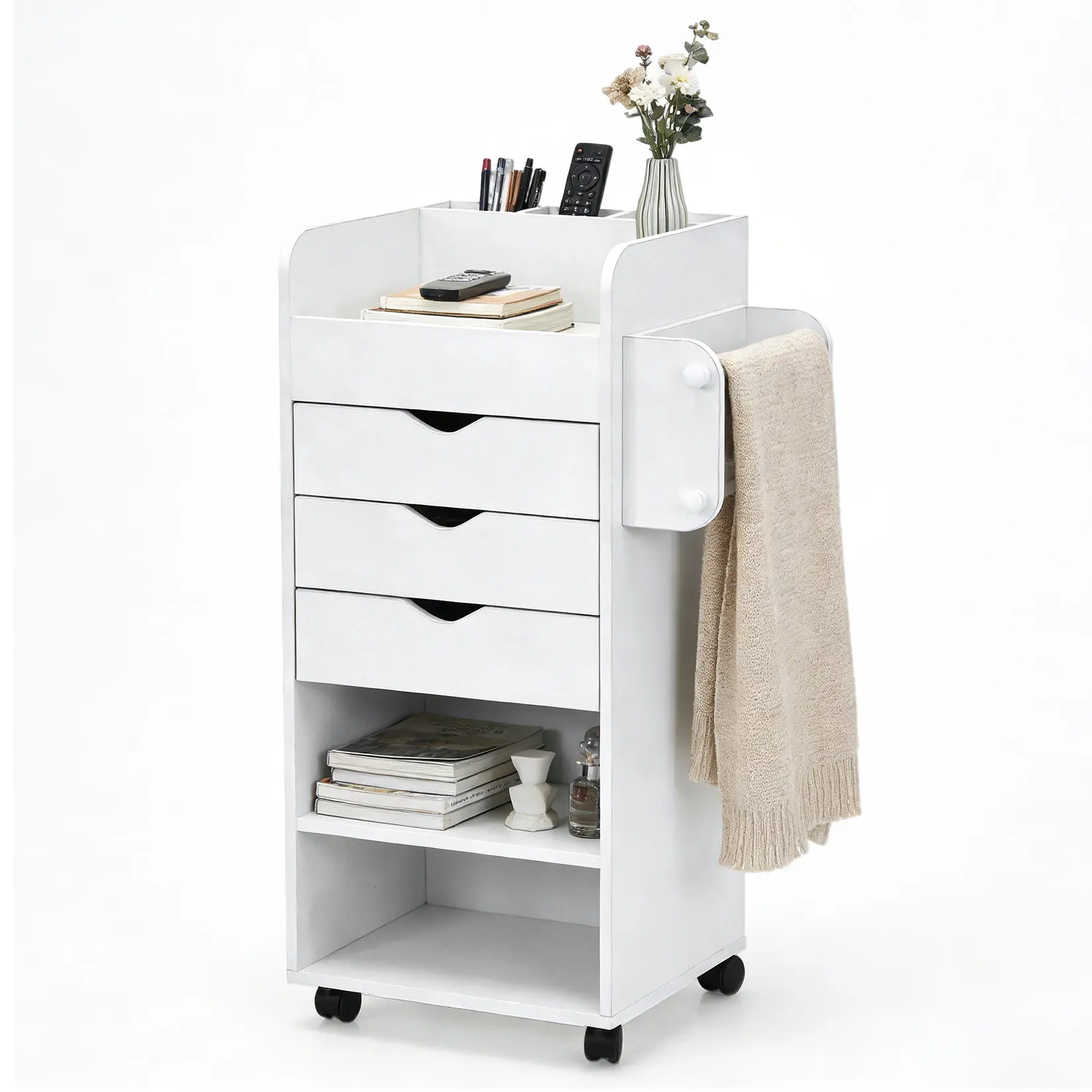 Versatile Rolling Storage Cart with 3 Drawers – Narrow Mobile Side Table with Open Shelves & Towel Rack – MDF Organizer Cart for Living Room or Bedroom