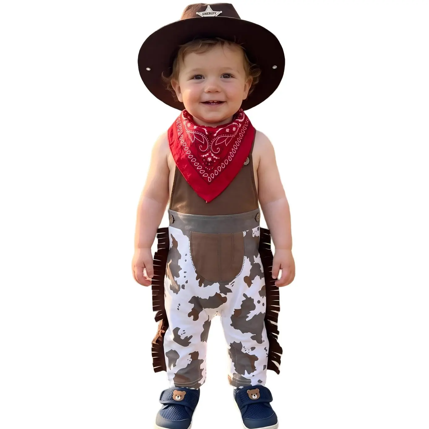 Baby Boys' 3-Piece Western Cowboy Outfit Set Baby Items, Cotton Blend Cow Print Sleeveless Fringe Romper, Bandana, Cowboy Hat, 3-24M
