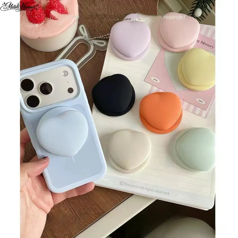Creative Liquid Silicone Heart MagSafe Compatible Phone Grip Stand, Strong Magnetic Retractable Collapsible Airbag Holder for Desk, Cute Accessory for Women