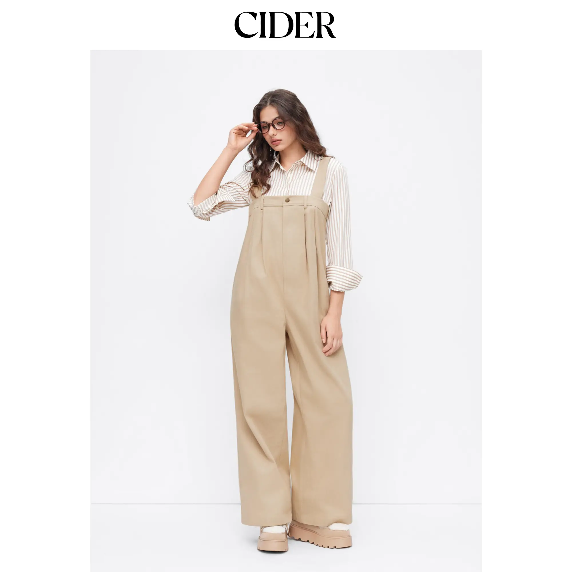 Cider Square Neck Pleated Button Wide Leg Jumpsuit