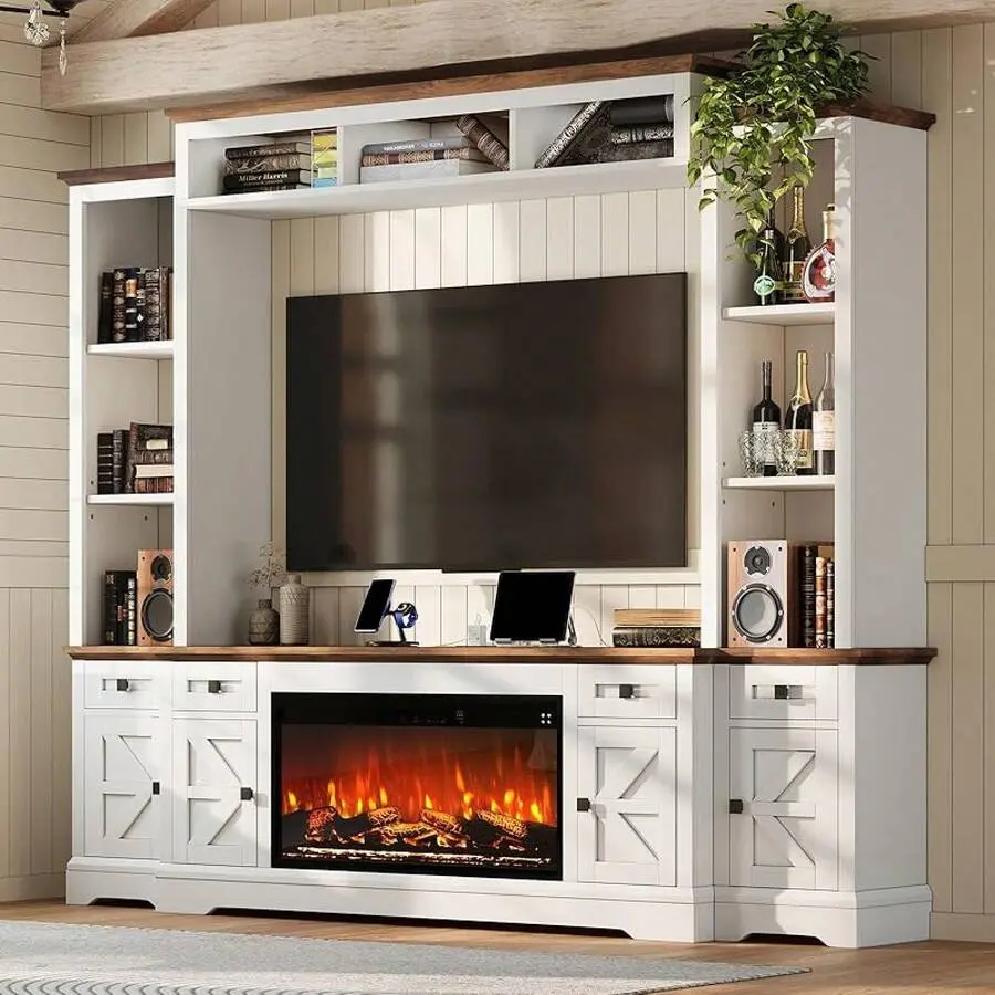 98 Inch Farmhouse Entertainment Center For Home Furniture, Wall Unit TV Stand With 36 Inch Fireplace, Bookshelves, Wine Cabinet, Power Outlets And Storage Drawers, Fits TVs Up To 78 Inch, White/Grey,,modern,living,room,wooden,console,curve,profi,Large,LED