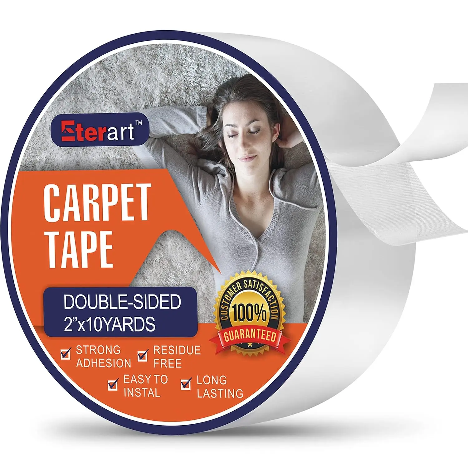 Double Sided Carpet Tape, No- for Hardwood Floors, 2" x10Yds | Heavy Duty Fiberglass Reinforced, Rug Tape for Tile - Hand Tearable, Anti-Slip Safety for  & Pets, White, Easy to Install