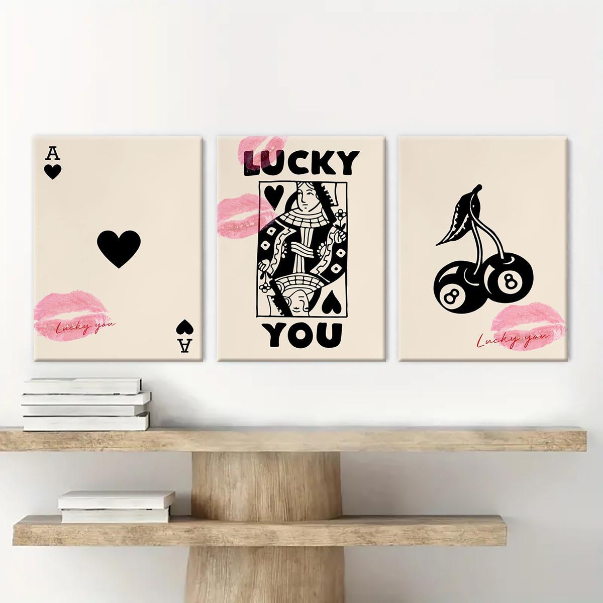 Wooden Framed Canvas Painting, 3 Counts/set Lucky Card Pattern Wall Art, Fashion Art Wall Decor, Modern Art Design, Home Decoration Poster for Living Room, Bedroom