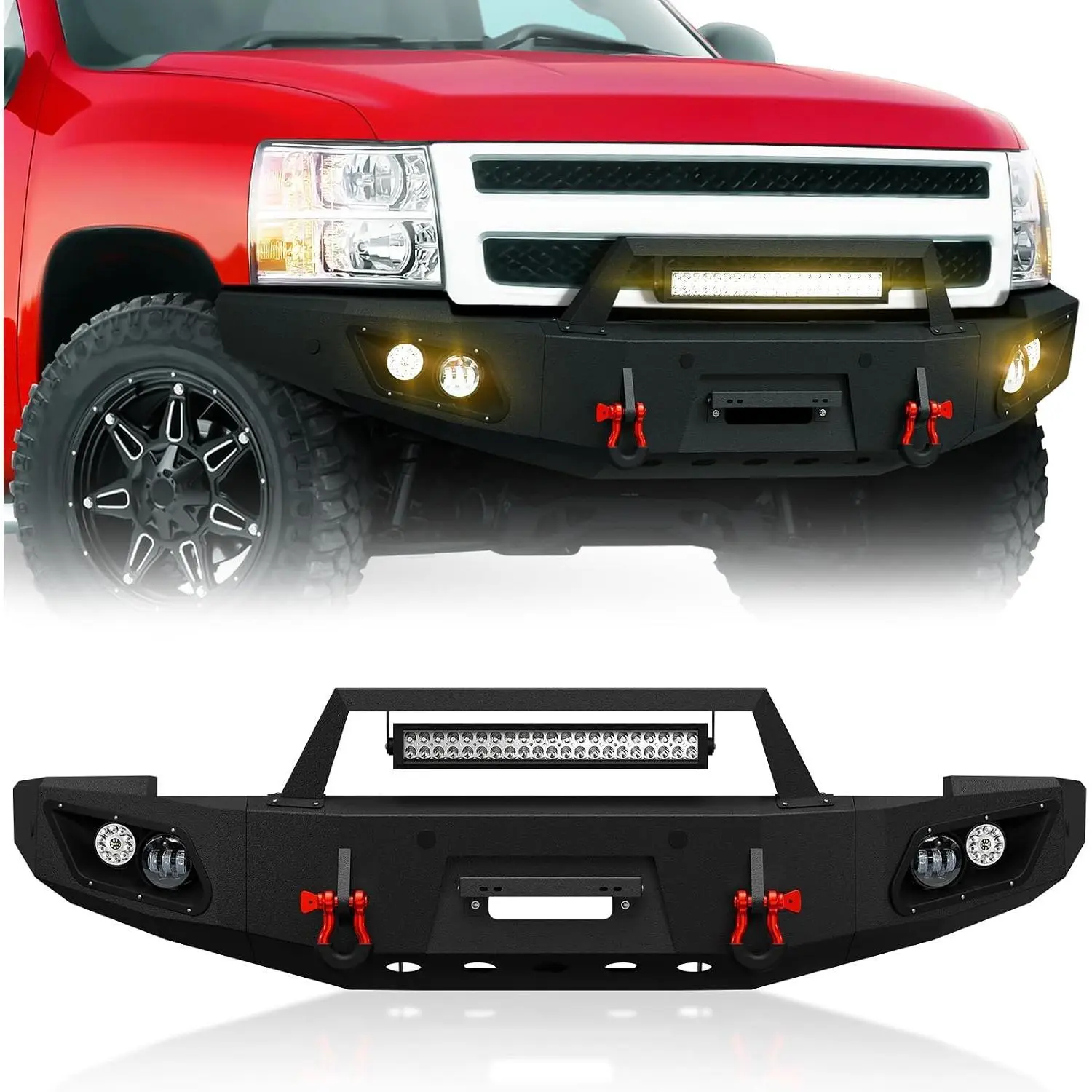 Nilight Front Bumper Compatible with 2007-2013 2nd Gen Chevy Silverado 1500 Off-Road Pickup Truck Bumper Equipped with Winch Plate, Sensor Holes, 5 x LED Lights, License Plate Bracket & D-rings, Black