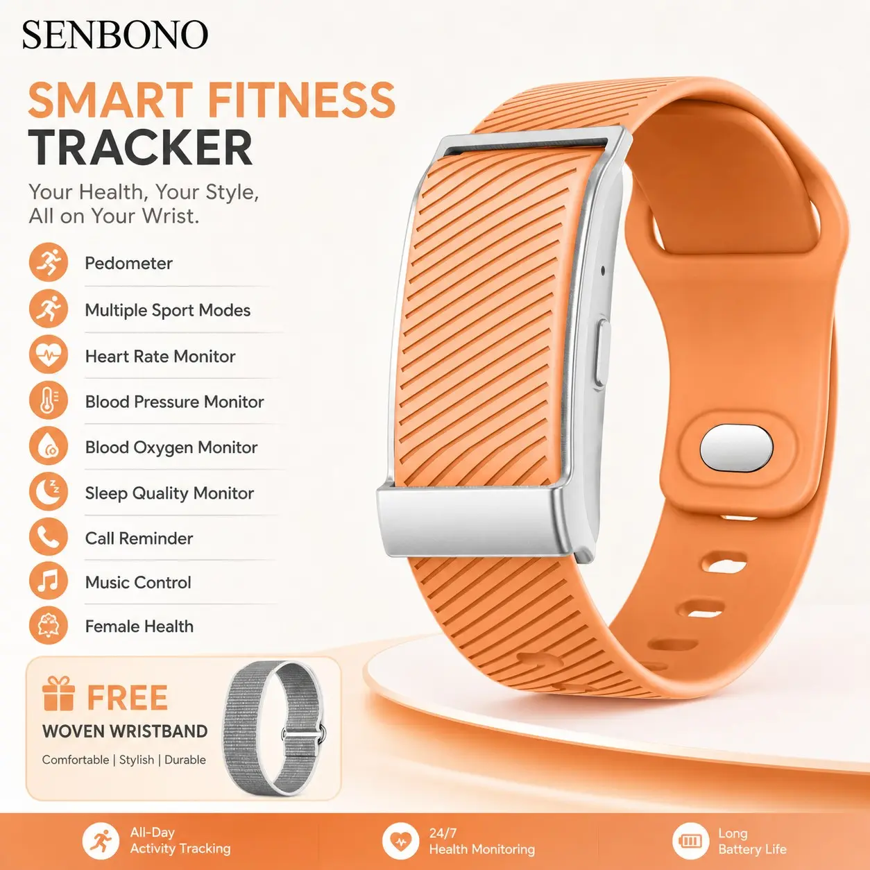 SENBONO Smart bracelet Sports health band,Screenless waterproof band, 24h HR+SpO2 tracking, auto-sync activity, call/SMS vibration alerts, sedentary reminder, ultra-thin 11mm