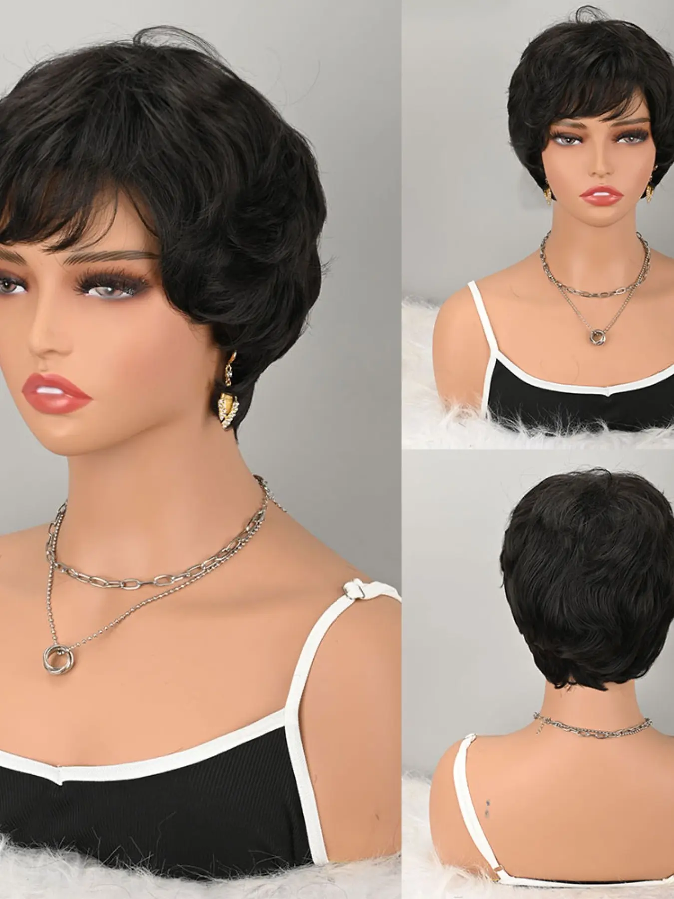 Short Black Pixie Curly Wig with Bangs for Women Natural Layered Loose Wave Synthetic Full Wig Heat Resistant Synthetic Fiber Wig Fashion Soft Short Hair Wig for Daily Office Party Dating Cosplay All Occasion Use